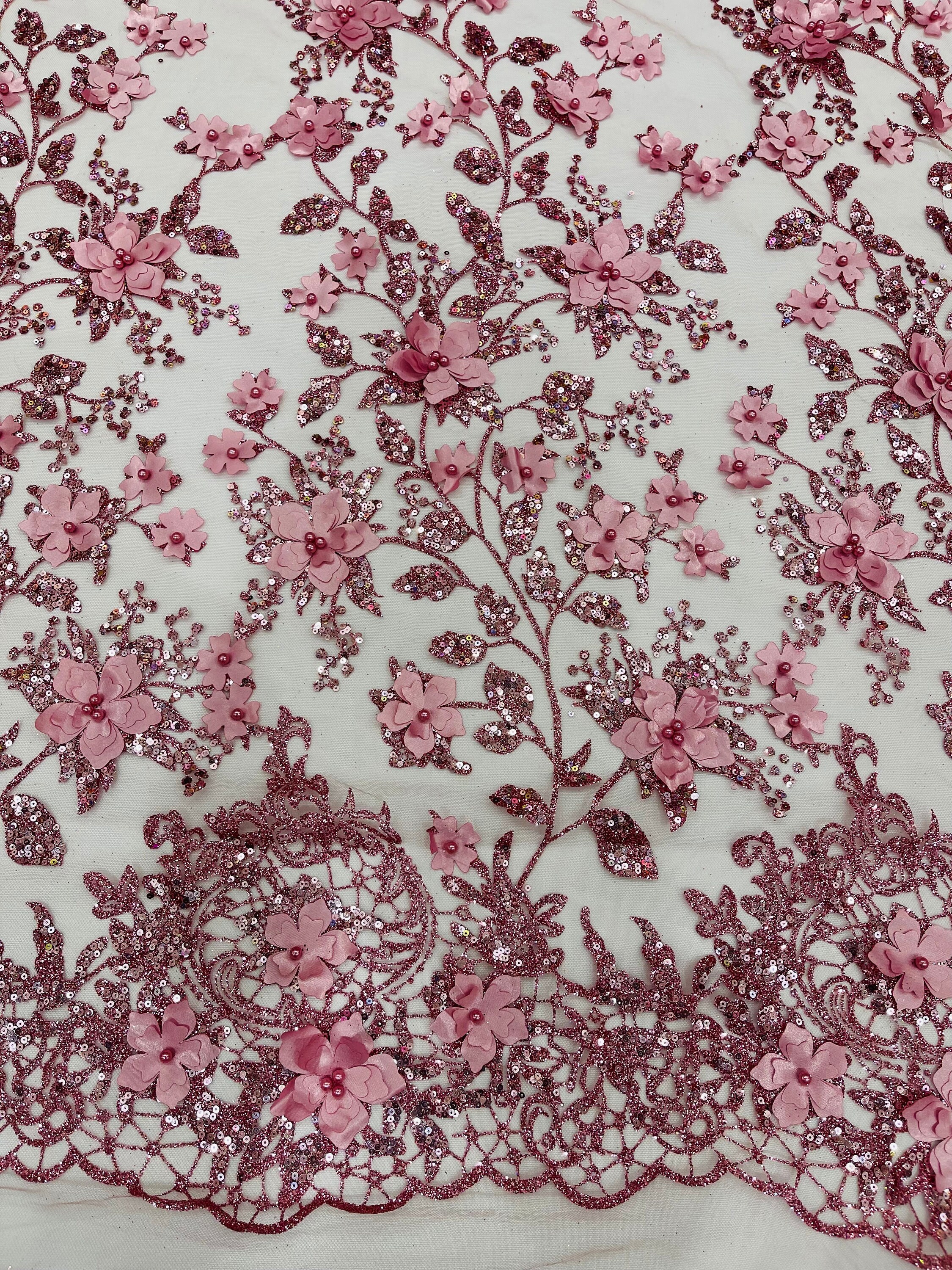 Dusty Rose 3D Princess Satin Flower Glitter Sequin Lace Fabric 54" Wide ...
