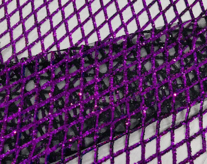 Diamond Sequin Mesh Fabric 54" Wide| Wedding & Party- Purple/Black
