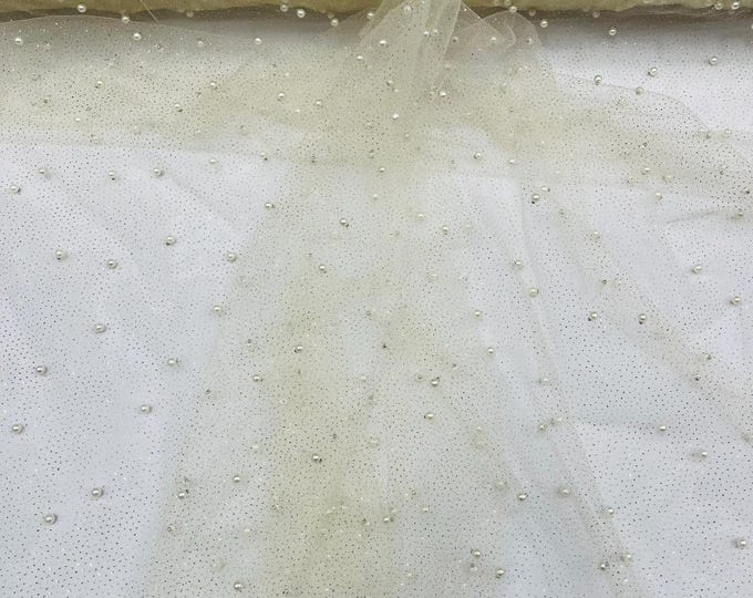 Ivory Pearl Glitter Studded Mesh, 2-Way Stretch Shimmer Mesh Fabric, Sold by the yard.