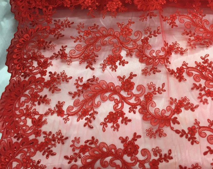 Red corded french design-embroider with sequins on a mesh lace fabric-prom-nightgown-decorations-apparel-fashion-sold by the yard.