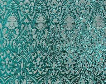 Hunter Green sequin damask design on a 4 way stretch mesh fabric-prom-sold by the yard.