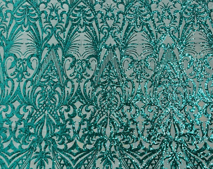 Hunter Green sequin damask design on a 4 way stretch mesh fabric-prom-sold by the yard.