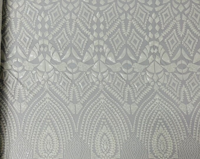White shiny diamond design with sequins on a 4 way stretch mesh-prom-nightgown-sold by the yard-free shipping in the USA.