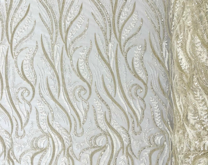 Ivory feather damask embroider with sequins and clear heavy beaded on a mesh lace fabric-sold by the yard-