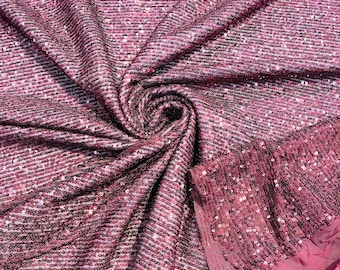 Burgundy chain shiny sequins design on a 4 way stretch mesh fabric -prom-sold by the yard.