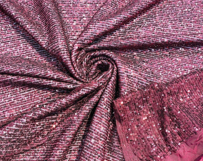 Burgundy chain shiny sequins design on a 4 way stretch mesh fabric -prom-sold by the yard.