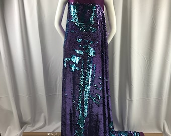Purple-turquoise mermaid fish scales 2 way stretch lycra 2 way flip flop shiny sequins-prom-nightgown-decorations-dresses-fashion-by yard..