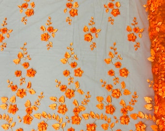 Orange Ruby 3d floral design embroider with pearls in a mesh lace-dresses-fashion-decorations-prom-nightgown-sold by the yard.