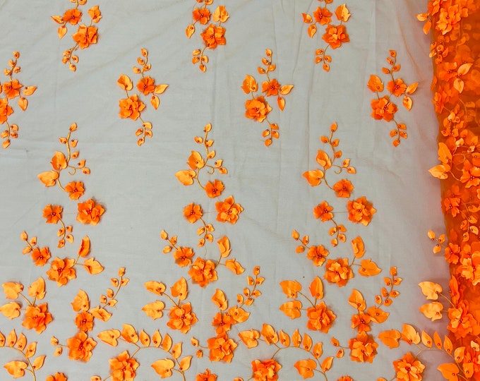 Orange Ruby 3d floral design embroider with pearls in a mesh lace-dresses-fashion-decorations-prom-nightgown-sold by the yard.