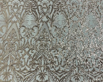 Rose Gold sequin damask design on a 4 way stretch mesh fabric-prom-sold by the yard.