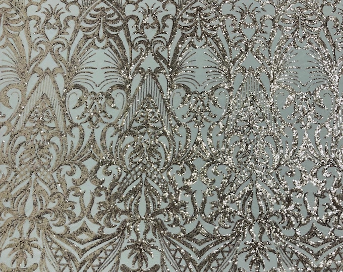 Rose Gold sequin damask design on a 4 way stretch mesh fabric-prom-sold by the yard.