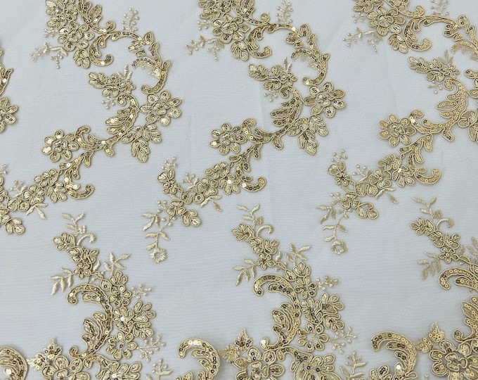 Champagne flower lace corded and embroider with sequins on a mesh-Sold by the yard.