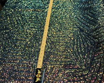 Rainbow iridescent sequin geometric diamond design on a 2 way stretch black mesh fabric-prom-nightgown-sold by the yard-free shipping in USA