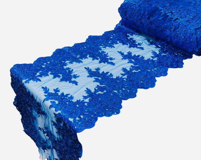 ROYAL BLUE 14"Wide  Sequins Gold Metallic Embroidered Lace on Mesh Fabric, Trim Lace, Table Runner. Sold By The Yard.