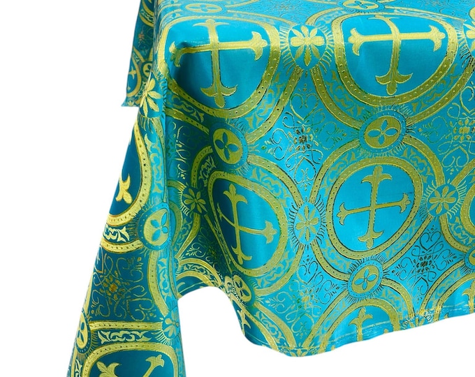 Turquoise/Gold - Rectangular Metallic Cross Brocade Jacquard Satin Tablecloth Overlay/Religious Brocade/Liturgical Fabric/Church.