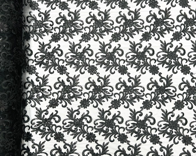 Black corded flowers embroider with sequins on a mesh lace fabric-sold by the yard-