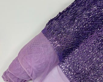 Lavender - Vegas Beaded Sequin Stretch Mesh Fabric, Embroidered Design for Prom Gown, by The Yard