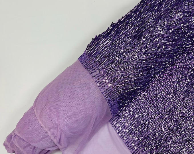 Lavender - Vegas Beaded Sequin Stretch Mesh Fabric, Embroidered Design for Prom Gown, by The Yard