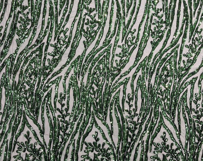 Hunter Green - Vine/Root Sequin 4 Way Stretch Mesh Fabric, by The Yard.