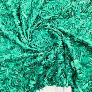 Kelly green 3D Rosette Embroidery Satin Rose Flowers  Floral Mesh Fabric by the yard