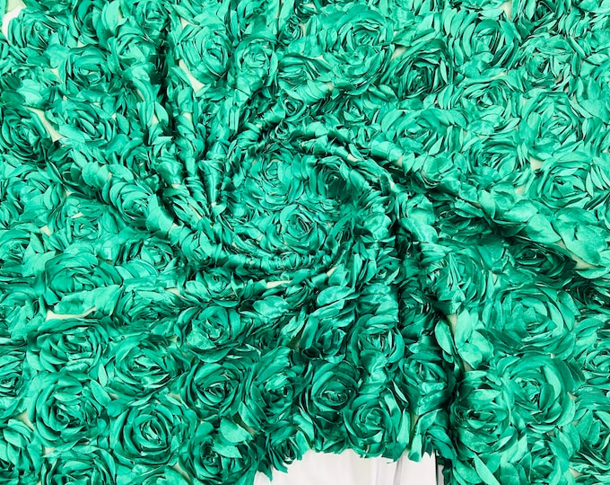 Kelly green 3D Rosette Embroidery Satin Rose Flowers  Floral Mesh Fabric by the yard