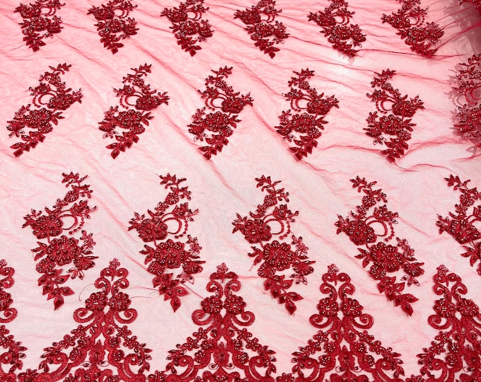 Red elegant hand beaded flower design embroider on a mesh lace-prom-sold by the yard.