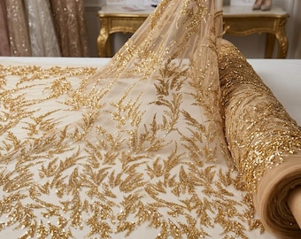 Gold Beaded Mesh Lace Fabric By The Yard, Glitter Embroidered Bridal Lace For Prom Dresses & Wedding Gowns