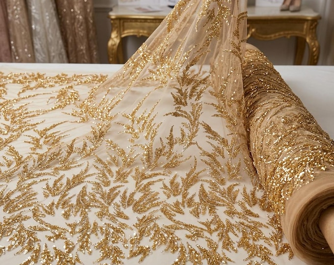 Gold Beaded Mesh Lace Fabric By The Yard, Glitter Embroidered Bridal Lace For Prom Dresses & Wedding Gowns