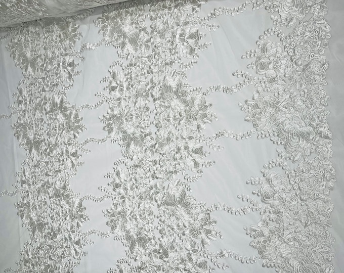 Ivory roses floral design embroider on a off white mesh lace fabric-sold by the yard.