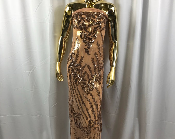 Nude-skin color 4 way Stretch power mesh lace embroidered with shiny sequins-dresses-fashion-apparel-prom-nightgown-decorations-sold by yard