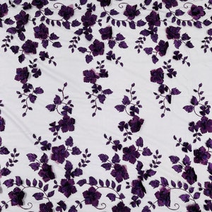 Plum Double Scalp Orquidia 3d floral design embroider with pearl in a mesh lace fabric-dresses-fashion-decoration-prom-sold by the yard