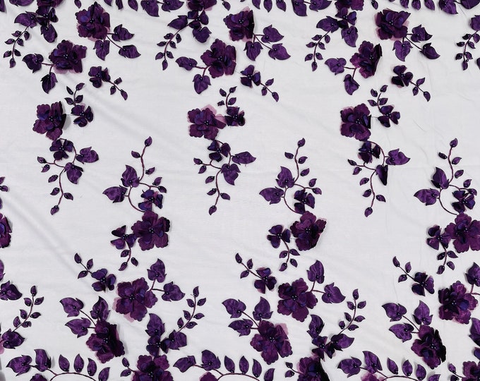 Plum Double Scalp Orquidia 3d floral design embroider with pearl in a mesh lace fabric-dresses-fashion-decoration-prom-sold by the yard