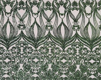 New Hunter Green shiny sequin damask design on a 4 way stretch mesh-sold by the yard.