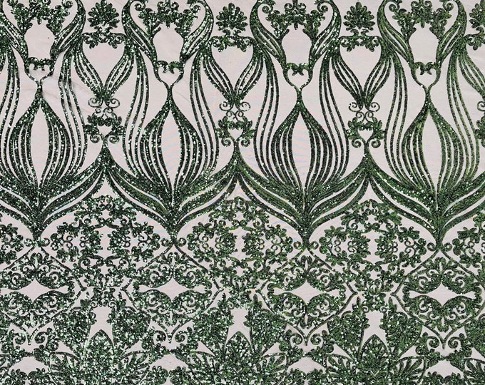 New Hunter Green shiny sequin damask design on a 4 way stretch mesh-sold by the yard.