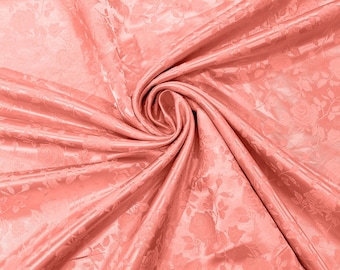 Coral 58" Wide Polyester Flower Brocade Jacquard Satin Fabric, Wedding, Dressmaking