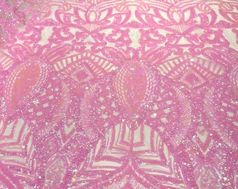 Candy pink iridescent royalty sequin design on a pink 4 way stretch mesh-prom-sold by the yard.