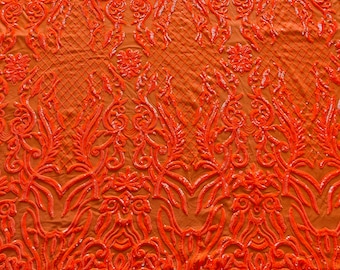 Neon Orange sequins damask design embroidery on a 4 way stretch power mesh-dresses-fashion-apparel-prom-nightgown-sold by the yard.