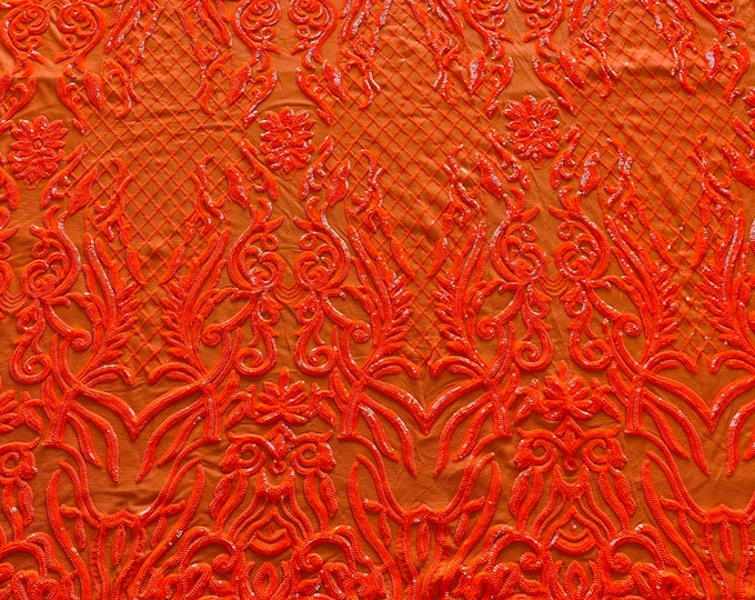 Neon Orange sequins damask design embroidery on a 4 way stretch power mesh-dresses-fashion-apparel-prom-nightgown-sold by the yard.
