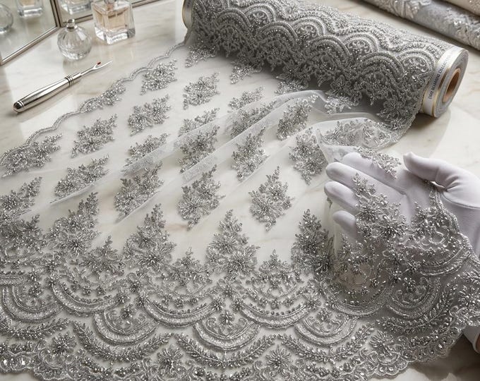 Metallic Silver Beaded Lace Fabric by the Yard, Floral Embroidered Mesh Lace for Bridal Wedding & Prom Dresses