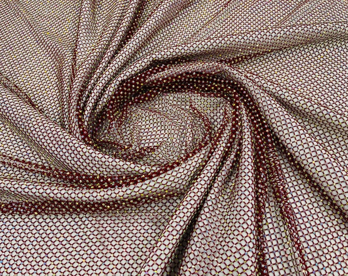 Burgundy AB Iridescent Rhinestones On Soft Stretch Fish Net Fabric 45" Wide -sold by The Yard.