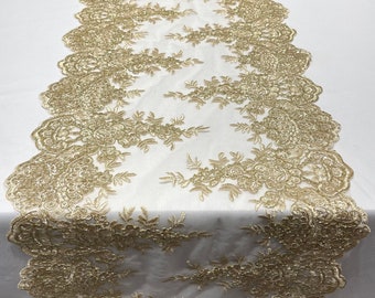 CHAMPAGNE 14"Wide  Sequins Gold Metallic Embroidered Lace on Mesh Fabric, Trim Lace, Table Runner. Sold By The Yard.