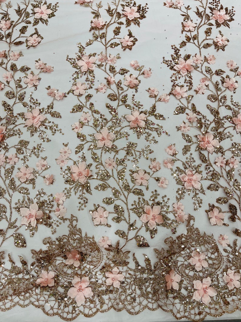 Rose Gold 3D Princess Satin Flower Glitter Sequin Lace Fabric 54" Wide ...