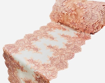 BLUSH 14"Wide  Sequins Gold Metallic Embroidered Lace on Mesh Fabric, Trim Lace, Table Runner. Sold By The Yard.