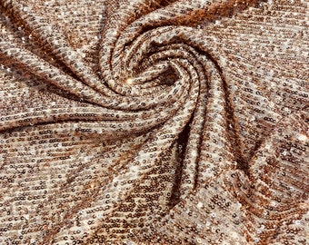 Rose Gold chain shiny sequins design on a 4 way stretch mesh fabric -prom-sold by the yard.