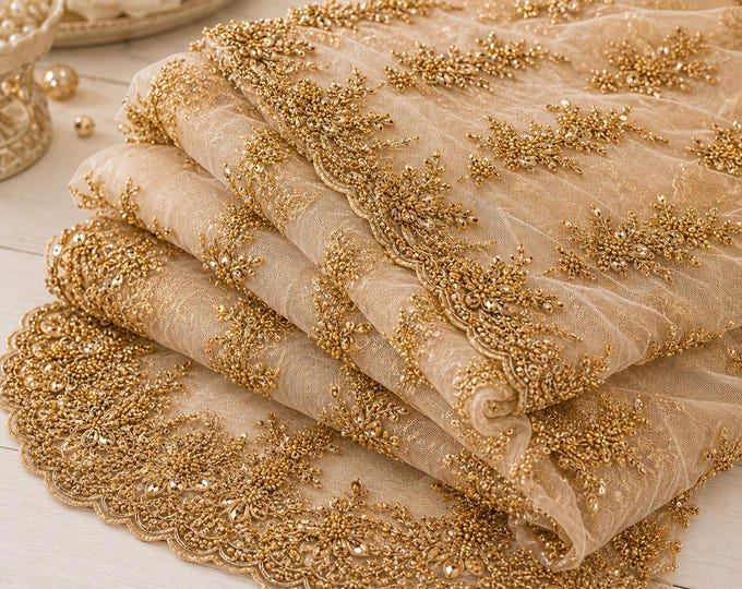 Rose Gold Floral Damask Beaded Lace Fabric By The Yard, Sequin Embroidered Mesh Lace For Bridal Gowns, Prom Dresses & Couture Décor