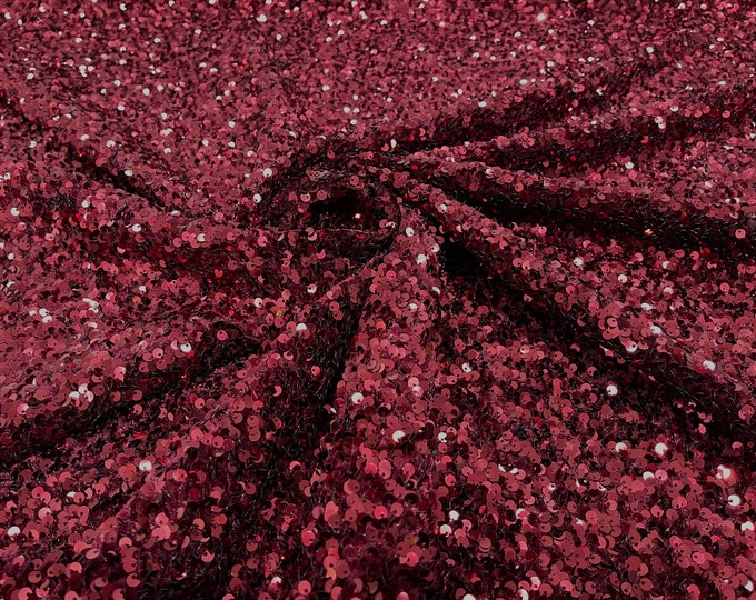 Burgundy stretch velvet with luxury sequins all over 5mm shining sequins 2-way stretch, sold by the yard.