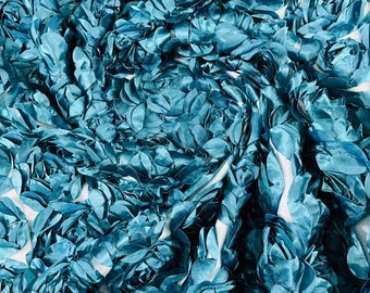 Teal 3D Rosette Embroidery Satin Rose Flowers  Floral Mesh Fabric by the yard