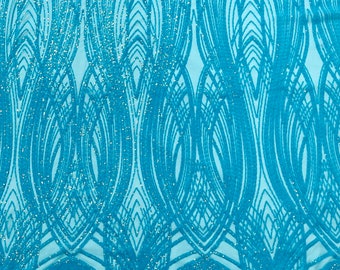 Turquoise Feather damask glossy sequin design on a 4 way stretch mesh-prom-sold by the yard.