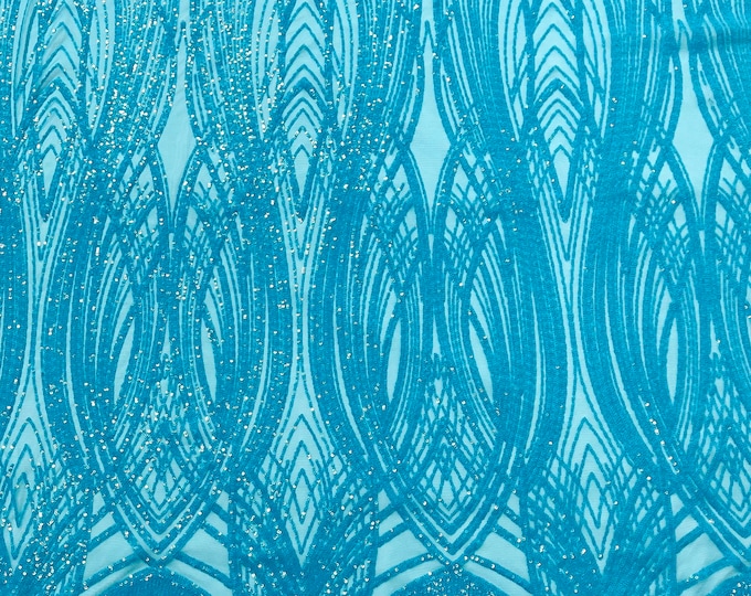 Turquoise Feather damask glossy sequin design on a 4 way stretch mesh-prom-sold by the yard.