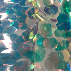 Clear Iridescent Jumbo Sequins Oval Sequin Paillette/Tear Drop Mermaid Big Sequins Fabric/ 54 Inches Wide.